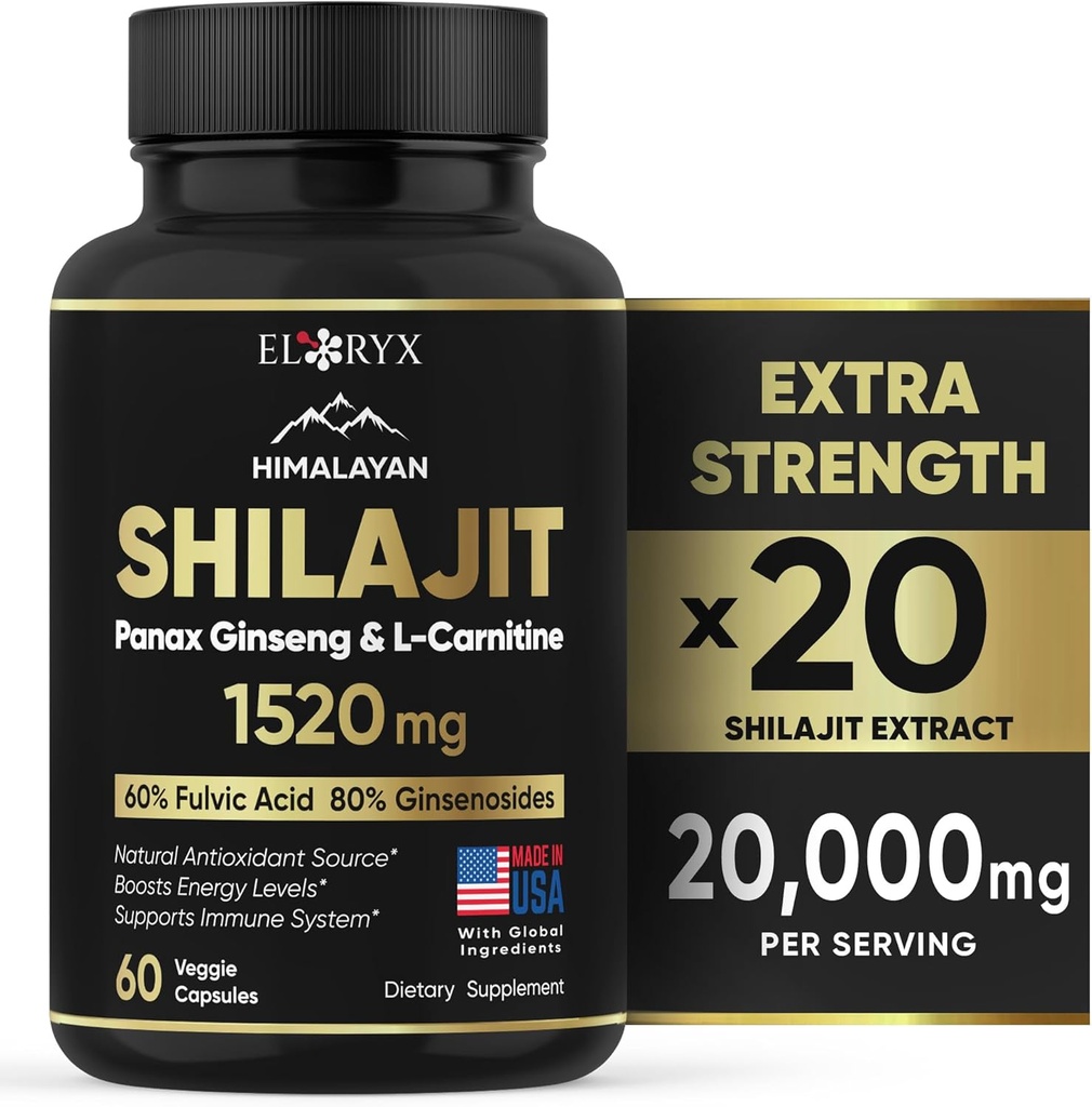 Himalayan Shilajit Supplement, 60 kapsler, ekstrakt pulver, 60% Fulvic syre, 85 + spor mineraler, energi & immunforsvar Shilajit for mænd og kvinder, Alternativ til autentiske harpiks eller piller USA Made