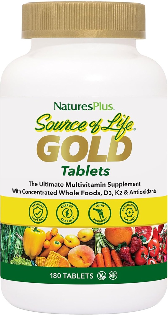 NaturePlus Kilde til liv Gold Multivitamin - 180 tabletter - med vitaminer D3 & B12 - blod, ben og immunforsvar - Vegetar & Gluten Free - 60 Servere
