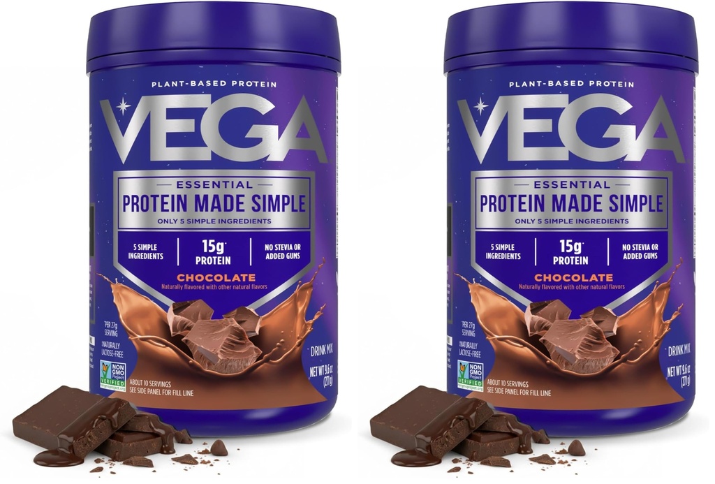 Vega Protein Made Simple, Dark Chocolate - Stevia Free Vegan Protein Powder, Plant Based, Sund, Gluten Free, Pea Protein for Women and Men, 9.6 oz (Packaging May Vary) (Pack of 2)