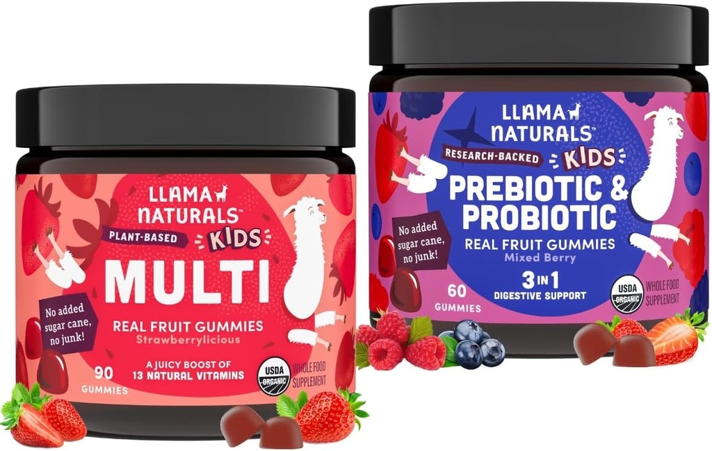 Llama Naturals Kids Multivitamin og Probiotika og Prebiotika Bundle, Vegan, Økologisk Gut Sundhed og Immunitet Support Gummies, Ægte frugt vingummi vitaminer, Ingen tilsat sukkerrør, 2 flasker, 30 dages forsyning