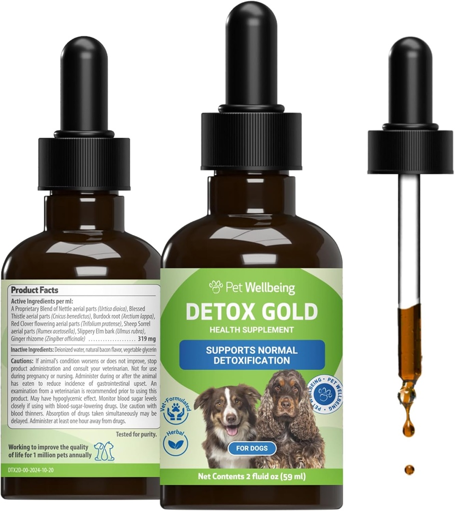 Pet Wellbeing Detox Gold for Dogs - Gentle afgiftning & Elimination Support, Immunsystemet Care, Nettle, Velsignet Thistle, Burdock Root - Veterinarian- Formuleret Herbal Supplement 2 oz (59 ml)