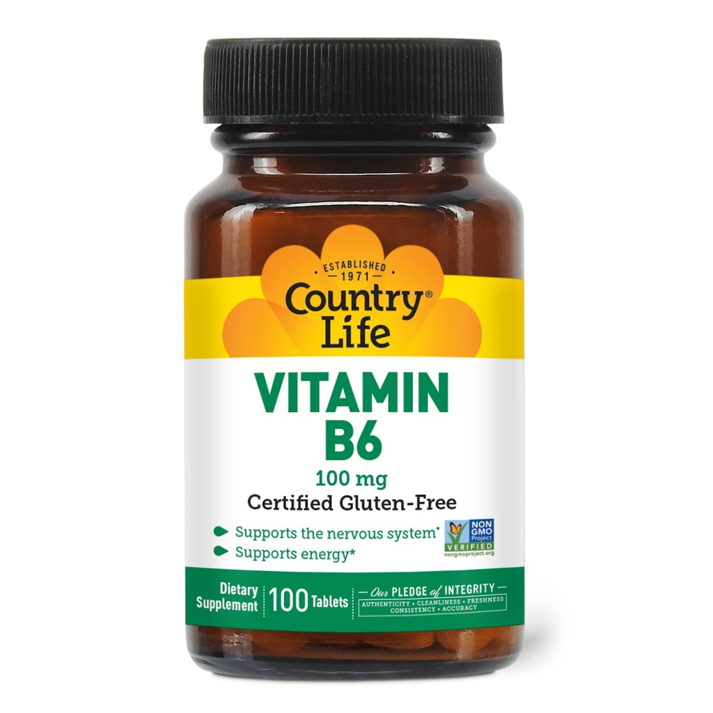 Country Life Vitamin B-6, understøtter energi og nervesystemet, 100mg, 100 Vegan kapsler, Certified Gluten Free, Certified Vegan, Certified Halal, Non- GMO...