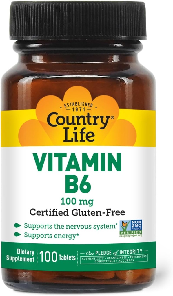Country Life Vitamin B-6, understøtter energi og nervesystemet, 100mg, 100 Vegan kapsler, Certified Gluten Free, Certified Vegan, Certified Halal, Non- GMO...