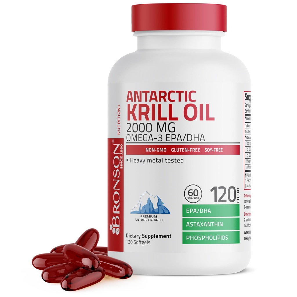 Bronson Antarktis Krill Oil 2000 mg med Omega- 3s EPA, DHA, Astaxanthin og Phospholipids 120 Softgels (60 Servere)