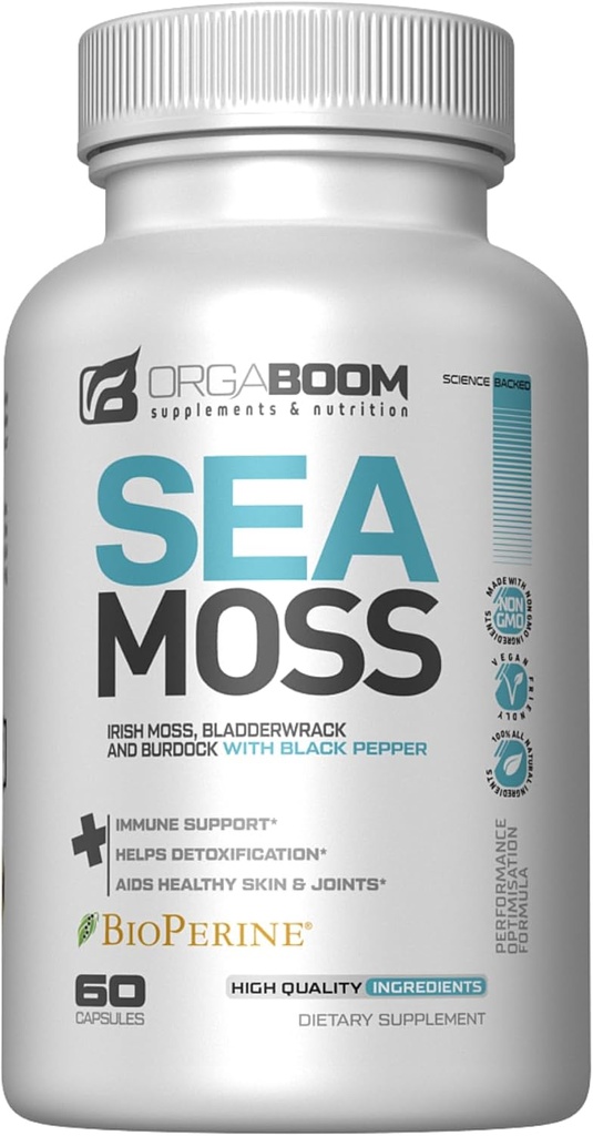Sea Moss Capsules Irish Sea Moss Supplement med Organic Burdock Root, Bladderwrack & Black Pepper Budd124; Boost Energy, Detox & immunsupport Budd124; Non- GMO, Vegan Budd124; Made in USA - 60 Greve