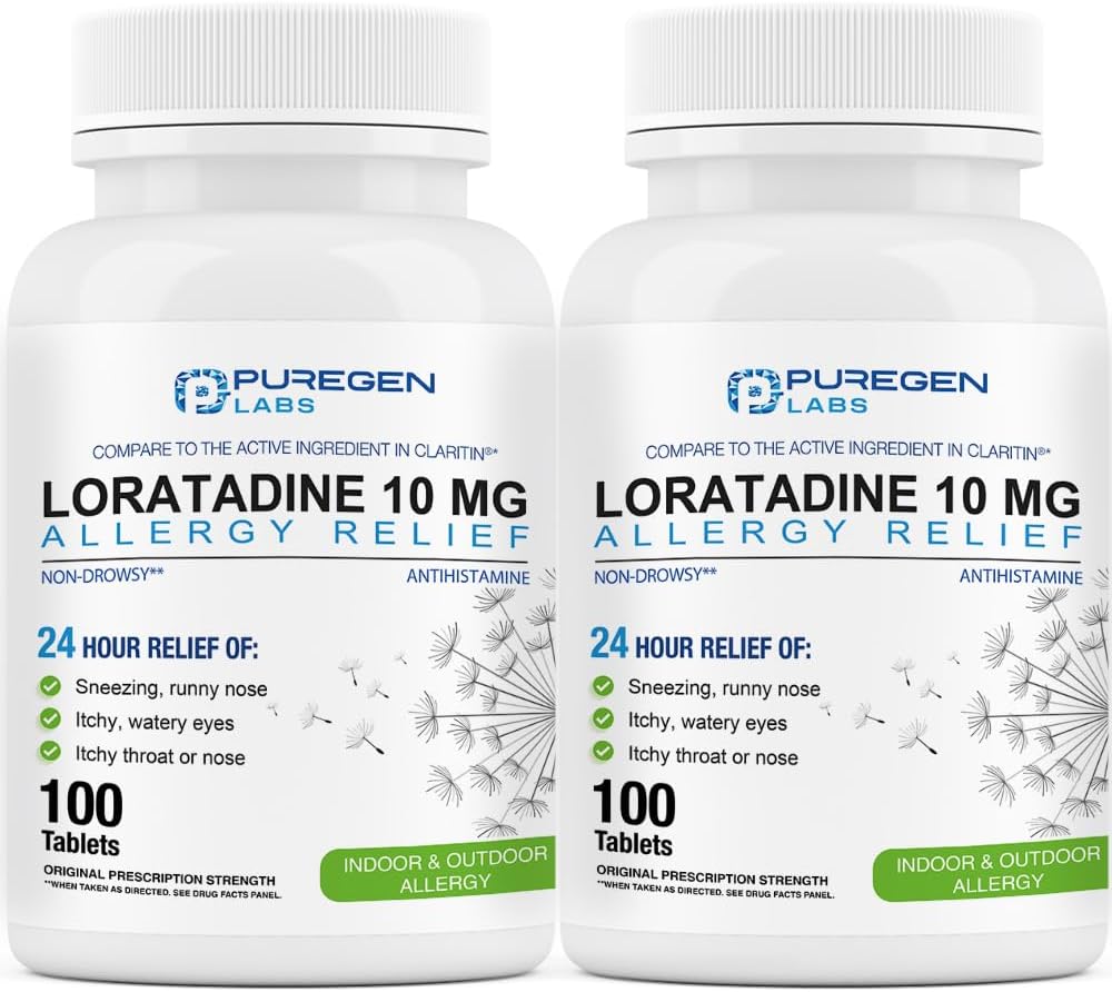 Puregen Labs Allergi Relief, Loratadine 10mg, 100 tabletter - 24 timers non- Drowsy Antihistamin Allergi medicin til Runny Næse, nysen, Itchy, Watery Eyes (2)