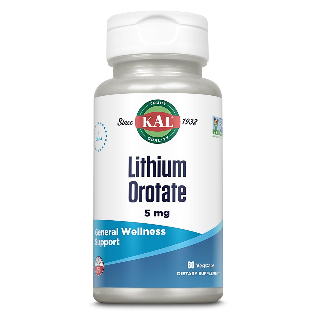 KAL Lithium Orotere 5mg • 124; Lav servering af Chelated Lithium • Orotere til biotilgængelighed & Mood Support • 124; i Organic Rice Bran Extract Base • 124; 60 VegCaps