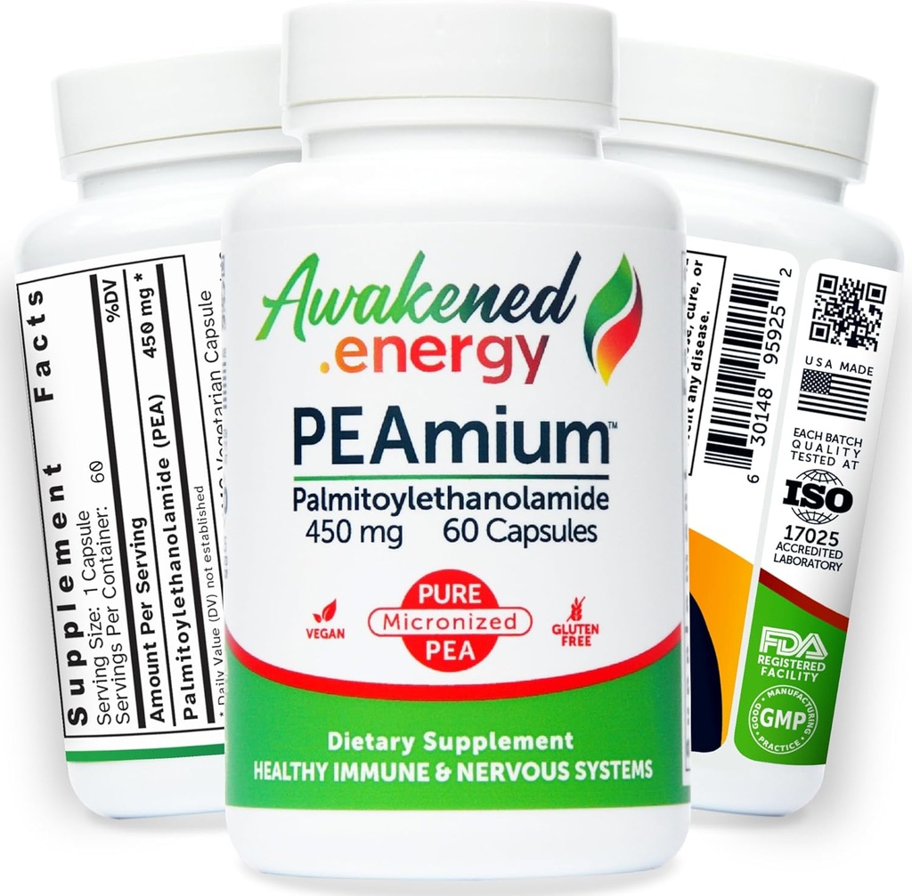 Palmitoylethanolamid 450 mg Comfort Mobility Nerves Cognitive & Immunsupport - Mikroniseret høj Absorption - Alle naturlige Pea - USA Made - Ingen tilsætningsstoffer eller hjælpestoffer - 60 Veganske kapsler supplement
