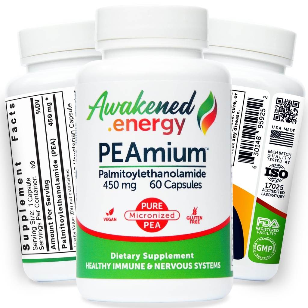 Palmitoylethanolamid 450 mg Comfort Mobility Nerves Cognitive & Immunsupport - Mikroniseret høj Absorption - Alle naturlige Pea - USA Made - Ingen tilsætningsstoffer eller hjælpestoffer - 60 Veganske kapsler supplement