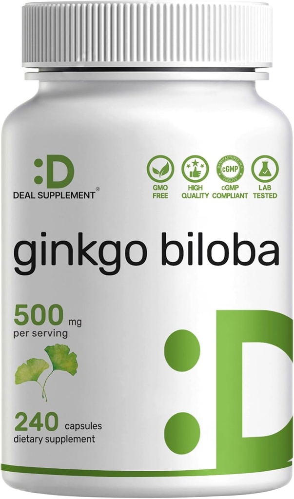 DEAL TILLÆG Ginkgo Biloba 500 mg per servering, 240 kapsler, 4 måneders forsyning - dyrket i NordAsien - Ekstra styrke, fremmer hjerne funktion