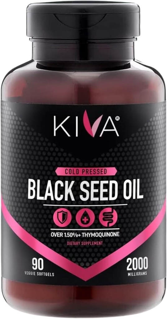 Kiva Black Seed Oil Softgel Capsules - Cold- Pressed (2000mg), 2% + High Thymoquinon (TQ), 100% Turkish Nigella Sativa Seed Oil, 90 Vegan Softgels