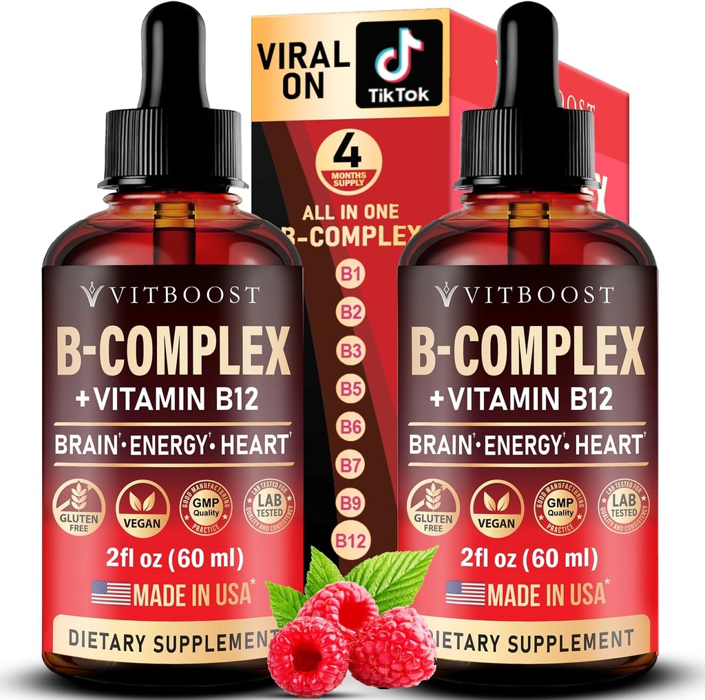 Vegansk vitamin B12 med B Complex 20000 mcg- Extra Styrke til mænd og women- Raspberry Liquid Drops â 124; USA Made, B1, B2, B3, B5, B6, biotin, folinsyre & B12 Sublingual Methylbumin â 124; 4 Måneders Supply