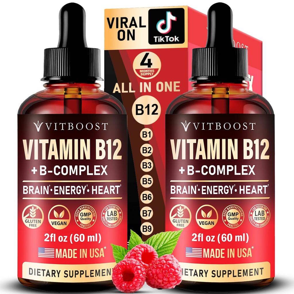 Vegansk vitamin B12 med B Complex 20000 mcg- Extra Styrke til mænd og women- Raspberry Liquid Drops â 124; USA Made, B1, B2, B3, B5, B6, biotin, folinsyre & B12 Sublingual Methylbumin â 124; 4 Måneders Supply