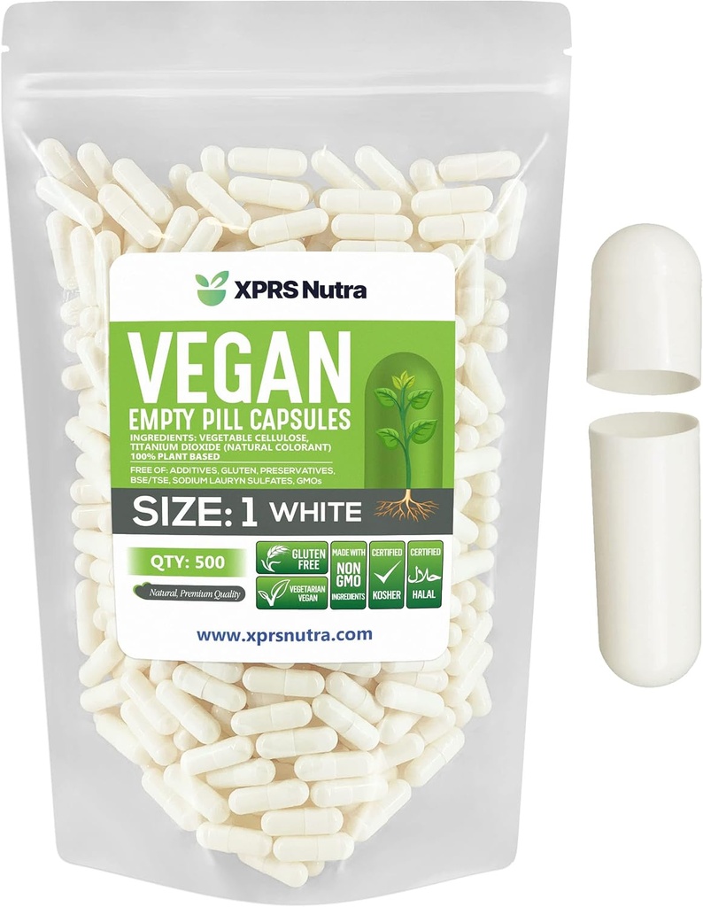 XPRS Nutra Størrelse 1 Tomme kapsler - 500 Tomme Veganske kapsler - Vegetariske piller - DIY vegetabilsk kapsel Filling- Veggie Pill Caps til Do- It- Yourself Kosttilskud (hvid)