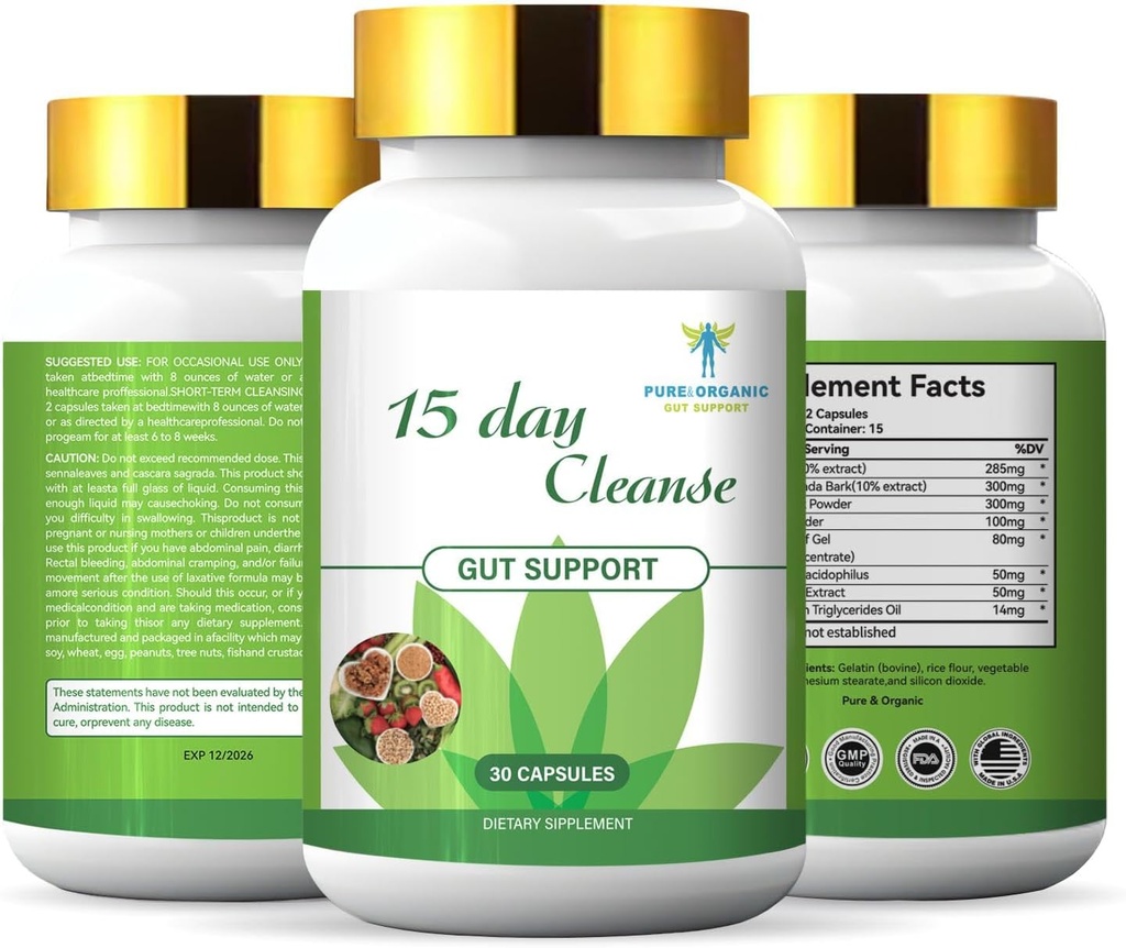 Pure & Organic 15 dages rengøring til Gut System - Softgel kapsler med Ginkgo Biloba & Ginger (30 kapsler) - Natural Detox, fordøjelsessygdomme