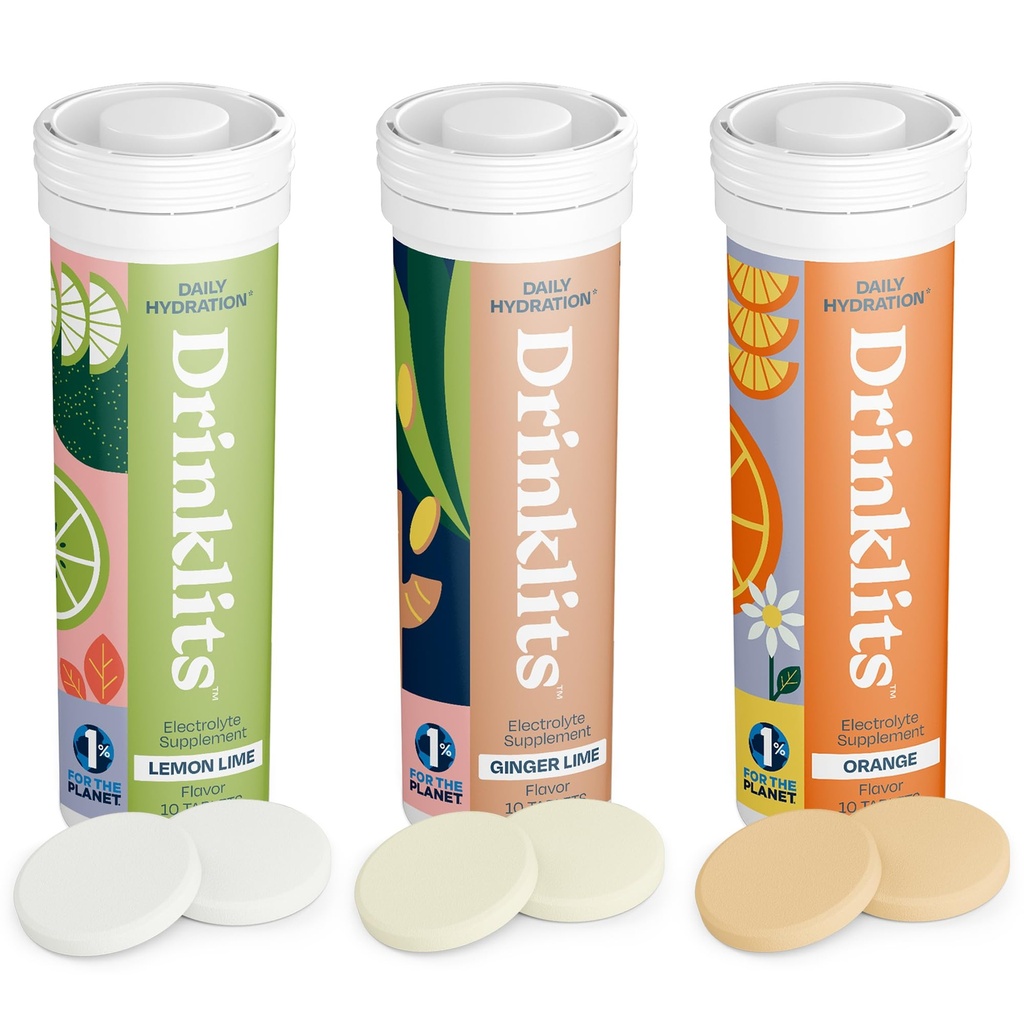 Drinklits Daily Hydration Variety Pack (3) Tube Bundle konsekvente 124; Ginger- Lime + Lemon- Lime + Orange Beeg 124; Electrolyte Tablets - 0g Sugar - Great Taste Yep 124; 30 Servering - 10 tabletter Per Tube