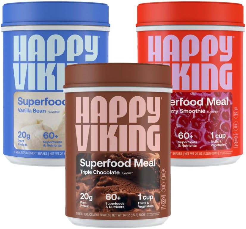 Glad Viking Chokolade, Vanilla og Strawberry Powder, af Venus Williams, 20G Protein, Low Carb, Keto, Vegan, Gluten- fri, Superfoods, Komplet Meal Erstatning, 3 Kanister (24 oz. Hver)