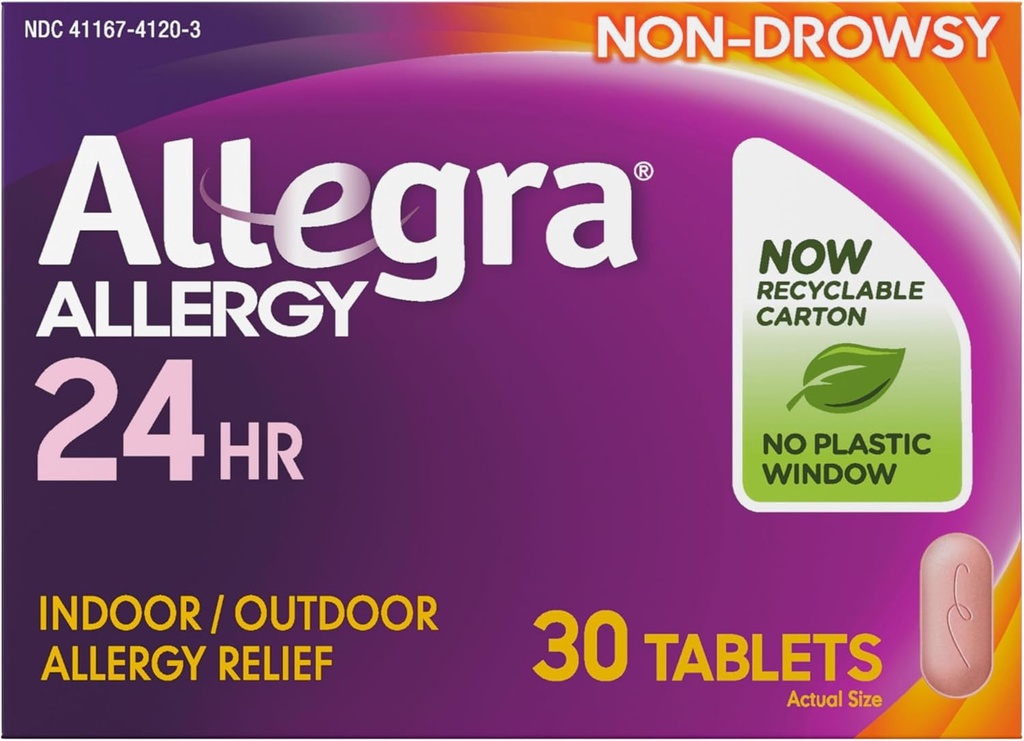 Allegra Voksen 24- timers Allergi Relief tabletter, non- Drowsy Indendørs og udendørs Allergi medicin, 180 mg Fexofenadine HCI Antihistamin Pill, 30- greve