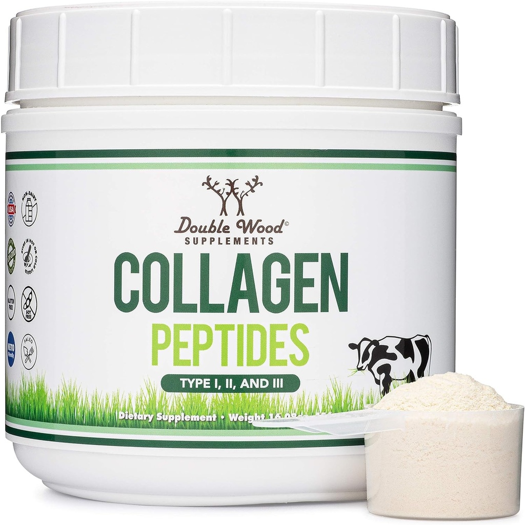 Collagen Peptider Powder - Hydrolyzed Collagen, Keto Safe - 16.08oz - Multi type 1, 2, og 3 (Grass Fed Bovine Kilde) (Colageno Hidrolizado) Collagen Kosttilskud til kvinder og mænd med dobbelt træ