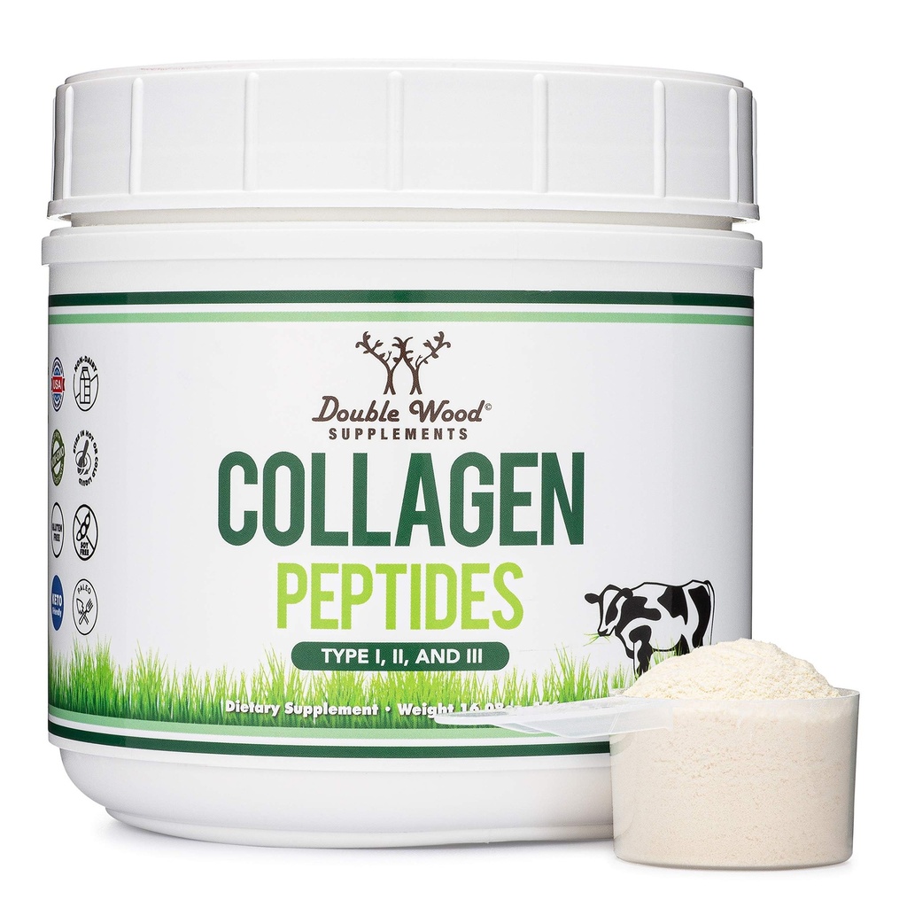 Collagen Peptider Powder - Hydrolyzed Collagen, Keto Safe - 16.08oz - Multi type 1, 2, og 3 (Grass Fed Bovine Kilde) (Colageno Hidrolizado) Collagen Kosttilskud til kvinder og mænd med dobbelt træ