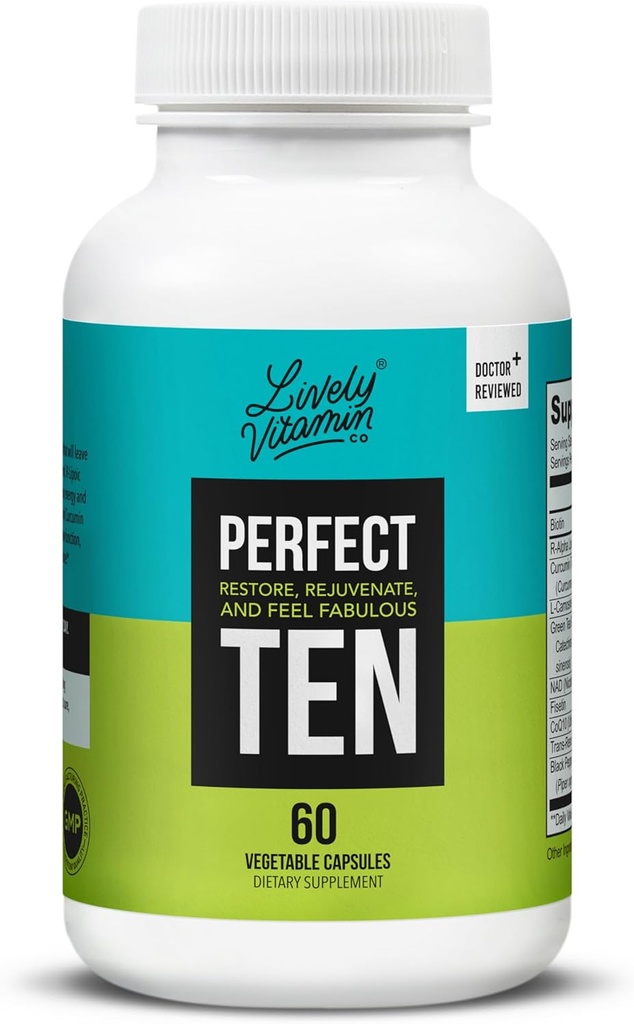LIVELY VITAMIN CO. Perfect Ten - Anti- Aging & Antioxidant Supplement - Biotin & Lipoic Acid - Sund hår, hud, negle - Energy Boost - Sharper Brain Function - Stærkere immunitet - 60 kapsler