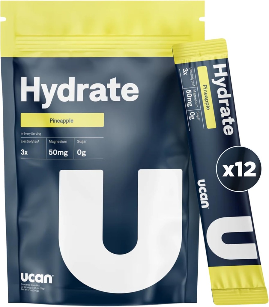 UCAN Hydrate Electrolyte Drink Mix (Ananas, 12 Stickpacks) Sugar- Free, Keto- Friendly, Vegan, Non- GMO, Gluten- Free Electrolyte Powder med kalium & Magnesium til løbere og atleter