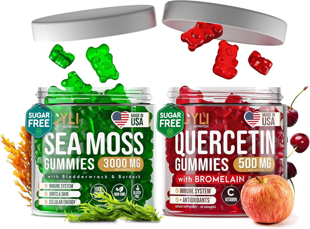 Quercetin Gummies + Irish Sea Moss Gummies - Immunsupport Gummies - Irish Sea Moss Bladerwrack Burdock Root & Quercetin med C-vitamin - 60 Seamoss Gummies, 60 Quercetin med Zink Gummies