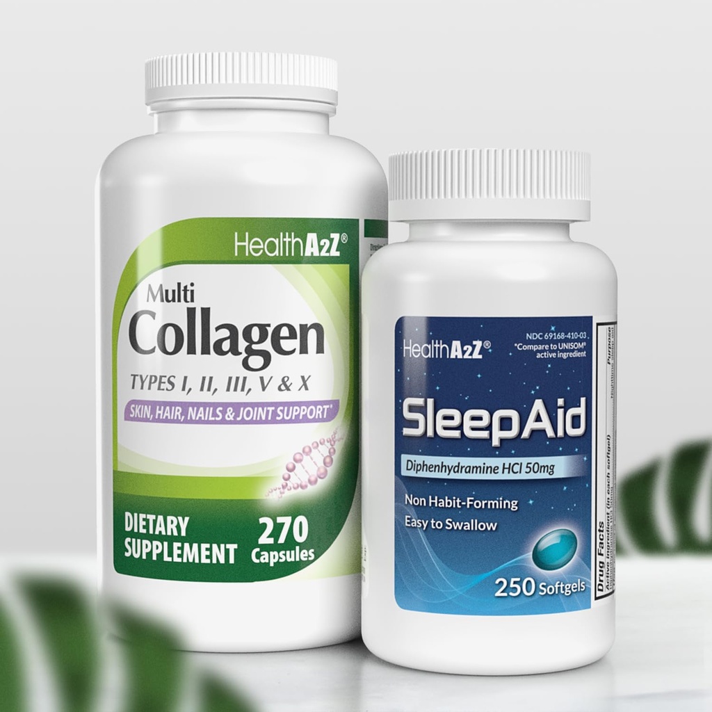 HealthA2Z ® Sleep & Forynge Combo Sleep Aid 50 mg Diphenhydramin HCl (250 Softels) Multi Collagen piller, 1735 mg (270 Collagen kapsler) - Bundle Deal!