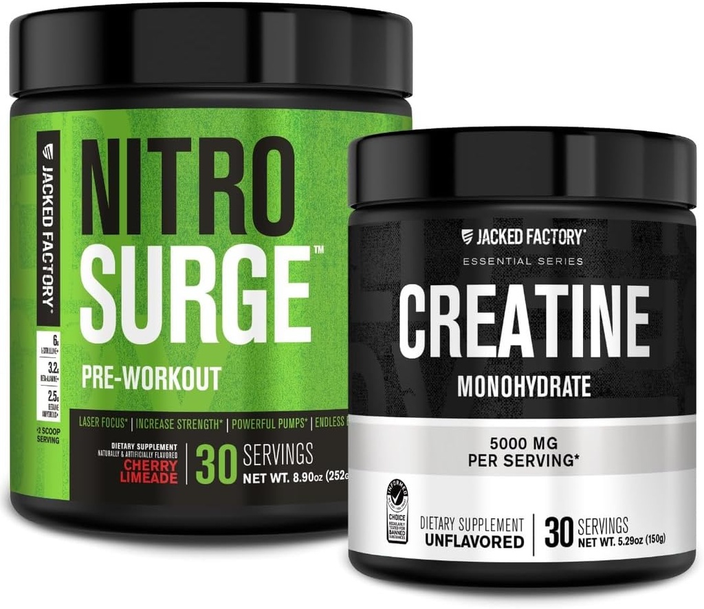 Jacked Factory NITROSURGE Pre Workout Supplement (Cherry Limeade) Creatin monohydrat pulver (150g) for muskelvækst, øget styrke, forbedret energi