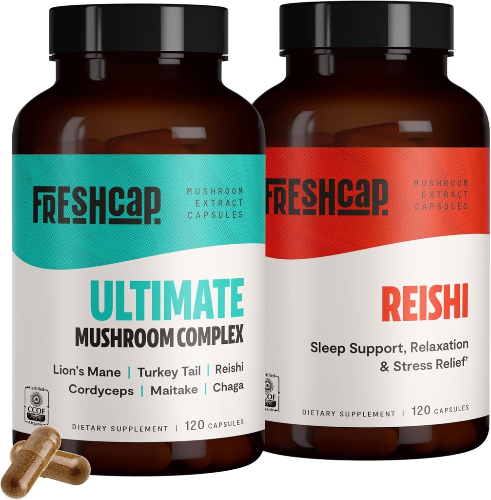FreshCap Stress Bundle (Reishi kapsler og Ultimate Mushroom Complex kapsler)