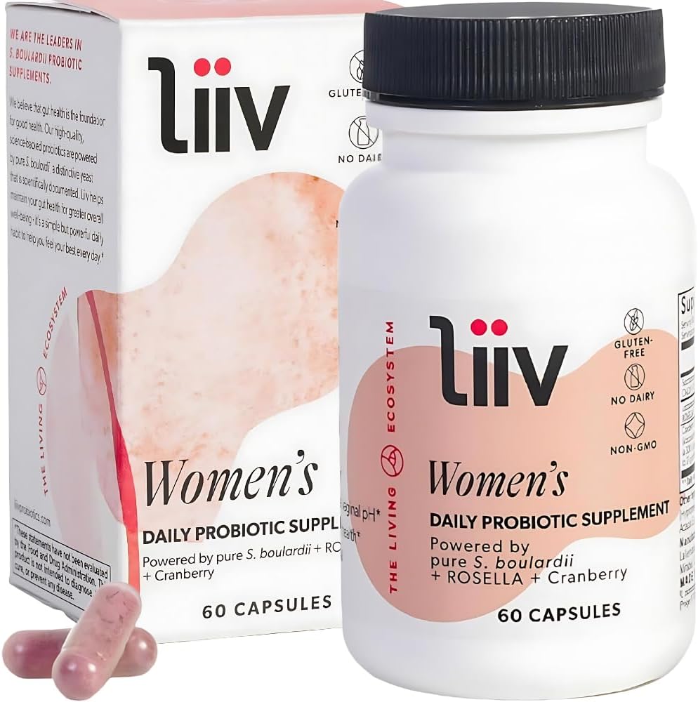 LiiV Probiotika Premium Kvinder Probiotiske (60 Caps) Støtte Fordøjelsessygdomme Vaginal pH Balance & UT Support 3- in-1 Daily S boulardii Probiotic Blend