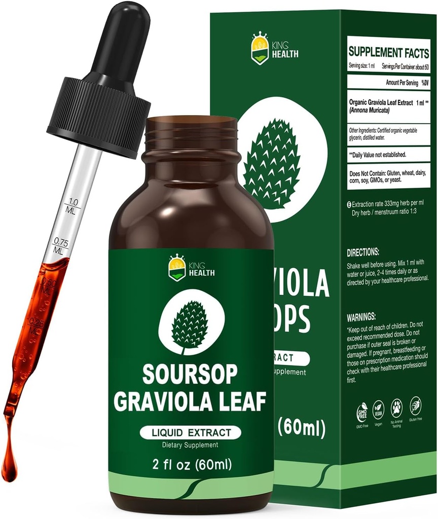 Organic Soursop Graviola Leaf Extract Liquid Drops Yep 124; Soursop Bitters Liquid Yep 124; High Absorption, Enhanced Bioavailability Yep 124; Vegan, Non- GMO, Gluten Free Yep 124; ImmunoSupport Yep 124; 2 Fl Oz