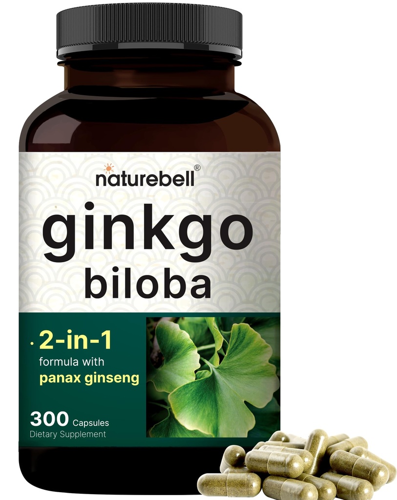NatureBell Ginkgo Biloba 6,000mg med Panax Ginseng 500mg Per Serving Note 124; 300 kapsler - Max Strength Ginko Biloba Extract Kosttilskud - fremmer hukommelse, fokus og hjerne sundhed