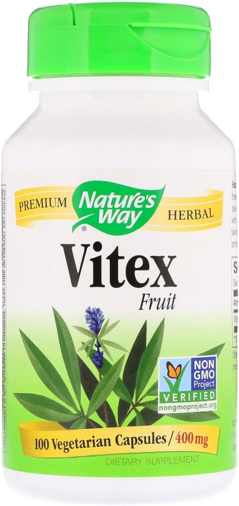 Nature 's Way Vitex; 400 mg; Non- GMO Project Verified; TRU- ID Certified; 100 vegetariske kapsler, pakke med 2