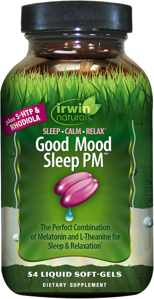 Irwin Naturals Good Mood Sleep PM - 54 Liquid Softgels - med Melatonin og L-Theanine til hvile og afspænding - 18 Total Servering