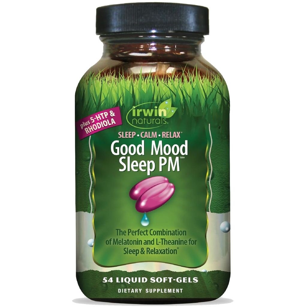 Irwin Naturals Good Mood Sleep PM - 54 Liquid Softgels - med Melatonin og L-Theanine til hvile og afspænding - 18 Total Servering