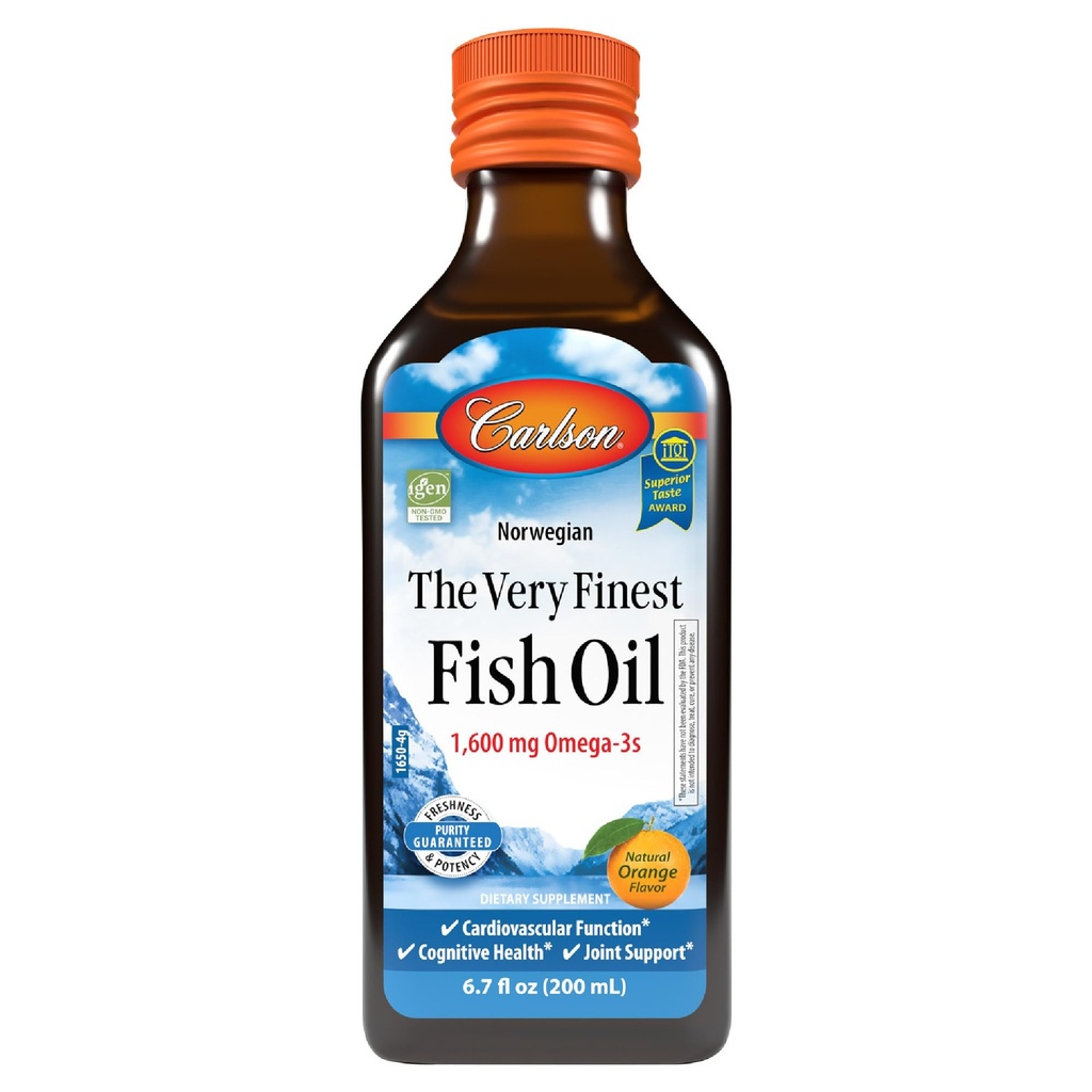 Carlson - The Very Finest Fish Oil, 1600 mg Omega- 3s, Liquid Fish Oil Supplement, Norwegian Fish Oil, Wild- Fanget, Sustainable Sourced Fish Oil Liquid, Orange, 6.7 Fl Oz