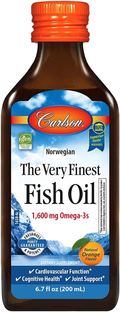 Carlson - The Very Finest Fish Oil, 1600 mg Omega- 3s, Liquid Fish Oil Supplement, Norwegian Fish Oil, Wild- Fanget, Sustainable Sourced Fish Oil Liquid, Orange, 6.7 Fl Oz