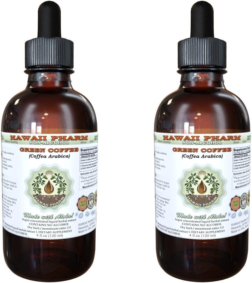 Grøn kaffe Alkohol- Gratis flydende ekstrakt, Grøn kaffe (Coffea Arabica) Tørret Bean Glycerite Hawaii Pharm Natural Herbal Supplement 2x2 oz