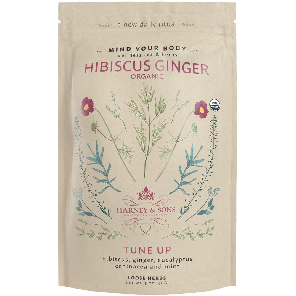 Harney & Sons Organic Hibiscus Ginger Tune- Up Wellness Blend, med Eucalyptus, Echinacea og Mint, 5 oz taske