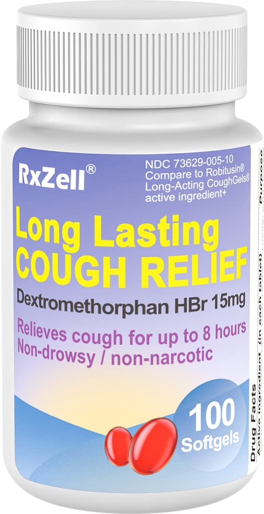 Voksne Hoste Relief, Dextromethorphan HBr 15mg (100 Softgel), 8 timers lang holdbarhed, non- Drowsy, Hough / bronkial suppressant