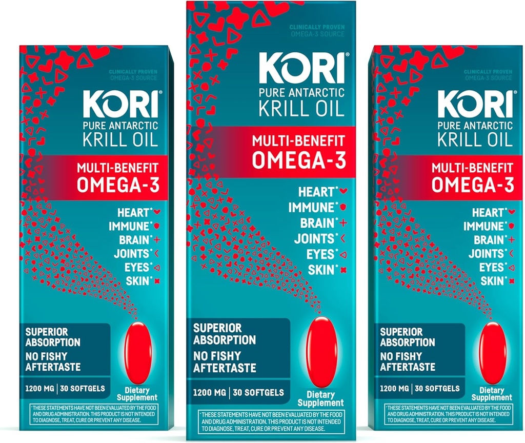 Kori Krill Oil Omega 3 Supplement, Antarktisk Krill Oil med Superior Absorption vs Fish Oil, 1200mg Softgels, 30 Softgels, EPA & DHA (pakke med 3)
