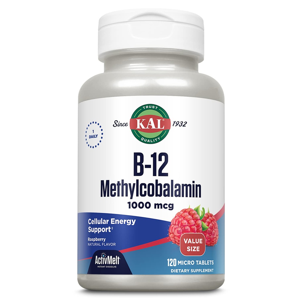 KAL Vitamin B12 Methylcobalamin 1000mcg, sund energi, Metabolisme, Nerve og røde blodceller støtte, hurtig opløsning ActivMelt, Høj Absorption, Vegetarisk, Naturlig Hindbær, 120 Serv, 120 Micro Tabs