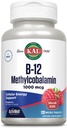 KAL Vitamin B12 Methylcobalamin 1000mcg, sund energi, Metabolisme, Nerve og røde blodceller støtte, hurtig opløsning ActivMelt, Høj Absorption, Vegetarisk, Naturlig Hindbær, 120 Serv, 120 Micro Tabs