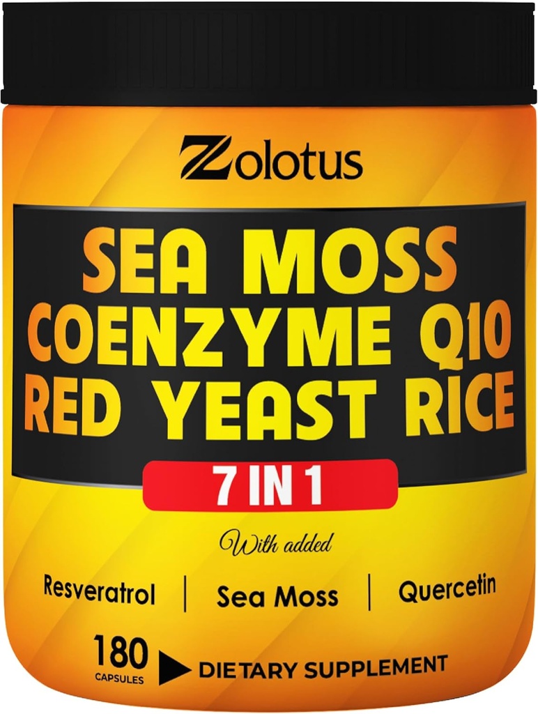 Zolotus 7 i 1 Sea Moss Supplement + Rød Gær Rice, Coenzym Q10 Kapsler, Tilsvarende med 8640mg, med Quercetin, Resveratrol, vitamin B3, vitamin D3, Body Balance, Immunsystemet & Heart Health