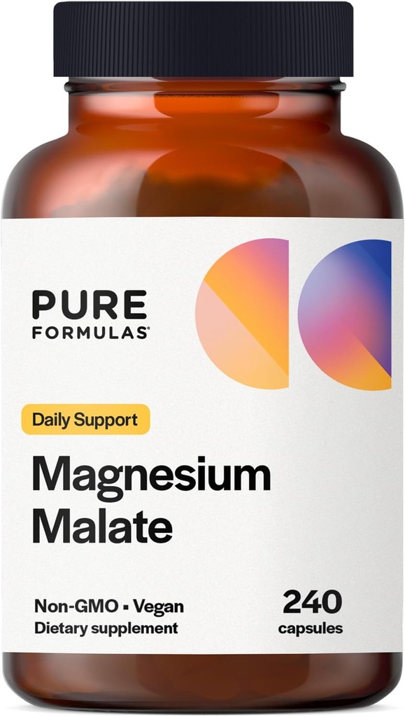 PureFormulas Magnesium Malatkapsler - Chelated Magnesium som di- Magnesium Malat - Meget biotilgængelig Form til at understøtte energi, Knoglesundhed + Muskel Inddrivelse, malato de magnesio 360 mg - 240 Kapsler