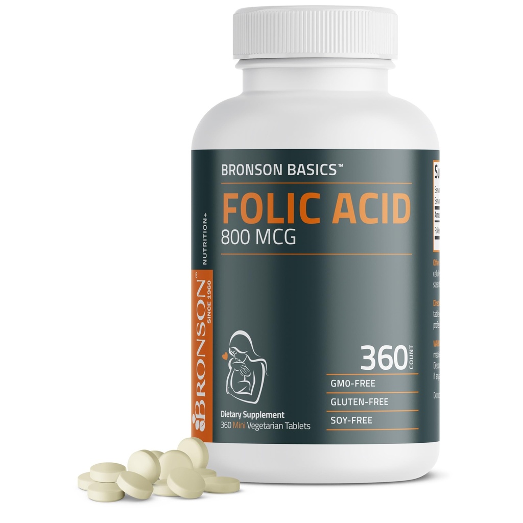 Bronson Folinsyre 800 MCG understøtter prenatal udvikling, 1 års forsyning, non-GMO, 360 tabletter