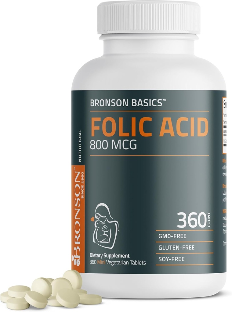 Bronson Folinsyre 800 MCG understøtter prenatal udvikling, 1 års forsyning, non-GMO, 360 tabletter