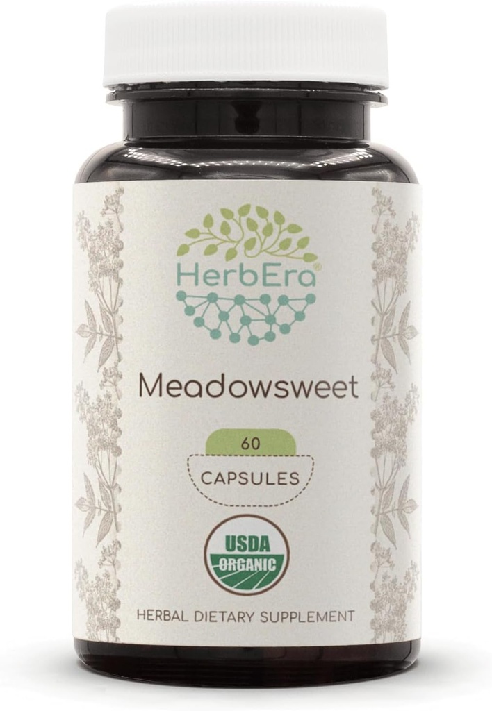 HerbEra Meadowsweet USDA Organic 60 Capsules ttesmå 124; Natural Herbal Supplements 124; Certified Organic Vegetary Capsules and Organic Meadowsweet (Filipendula ulmaria) Tørret Herb (60 Capsules)
