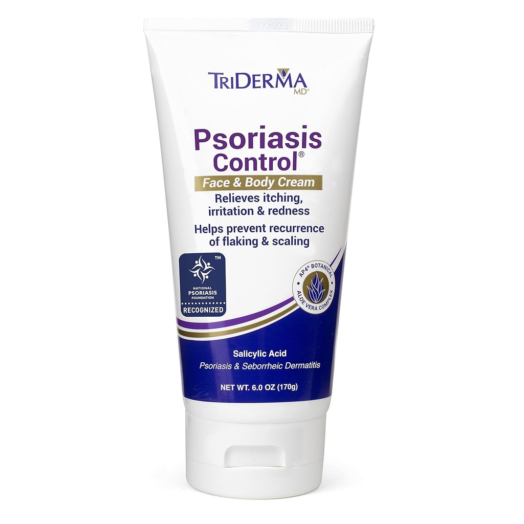TriDerma Psoriasis Control Face & Body Cream - Maksimal styrke 3% Salomonsyre, AP4 Aloe Vera Gel, Urea Cream - Ekstra fugtgivende behandling, Ingen Cortison eller Coal Tar - FSA Støtteberettiget - 6 Oz